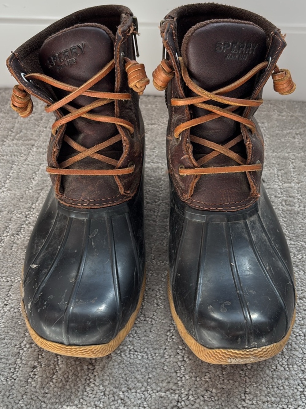 Sperry Brown Leather and Black Rubber Rain Boots